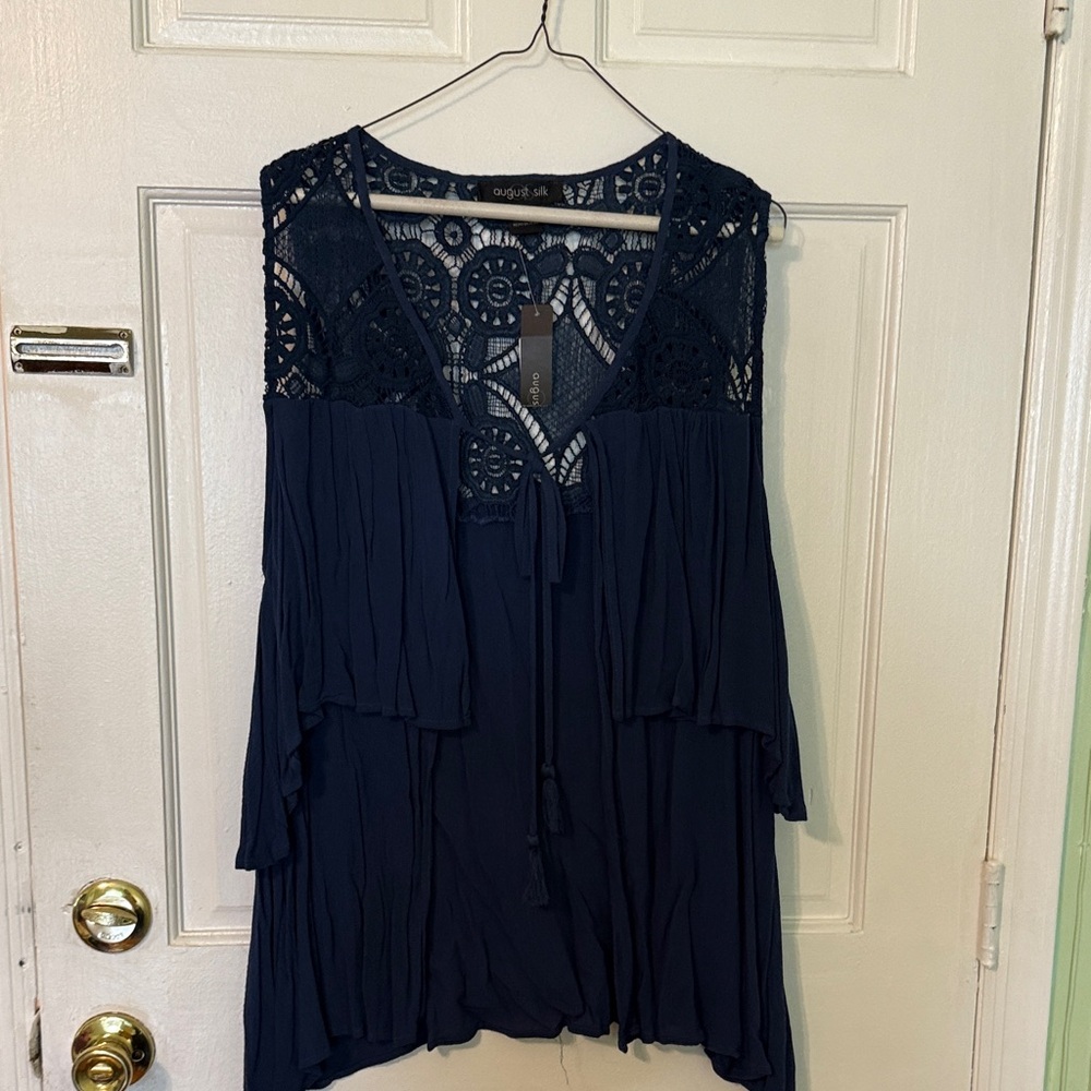 August Silk Navy Crochet Lace Blouse